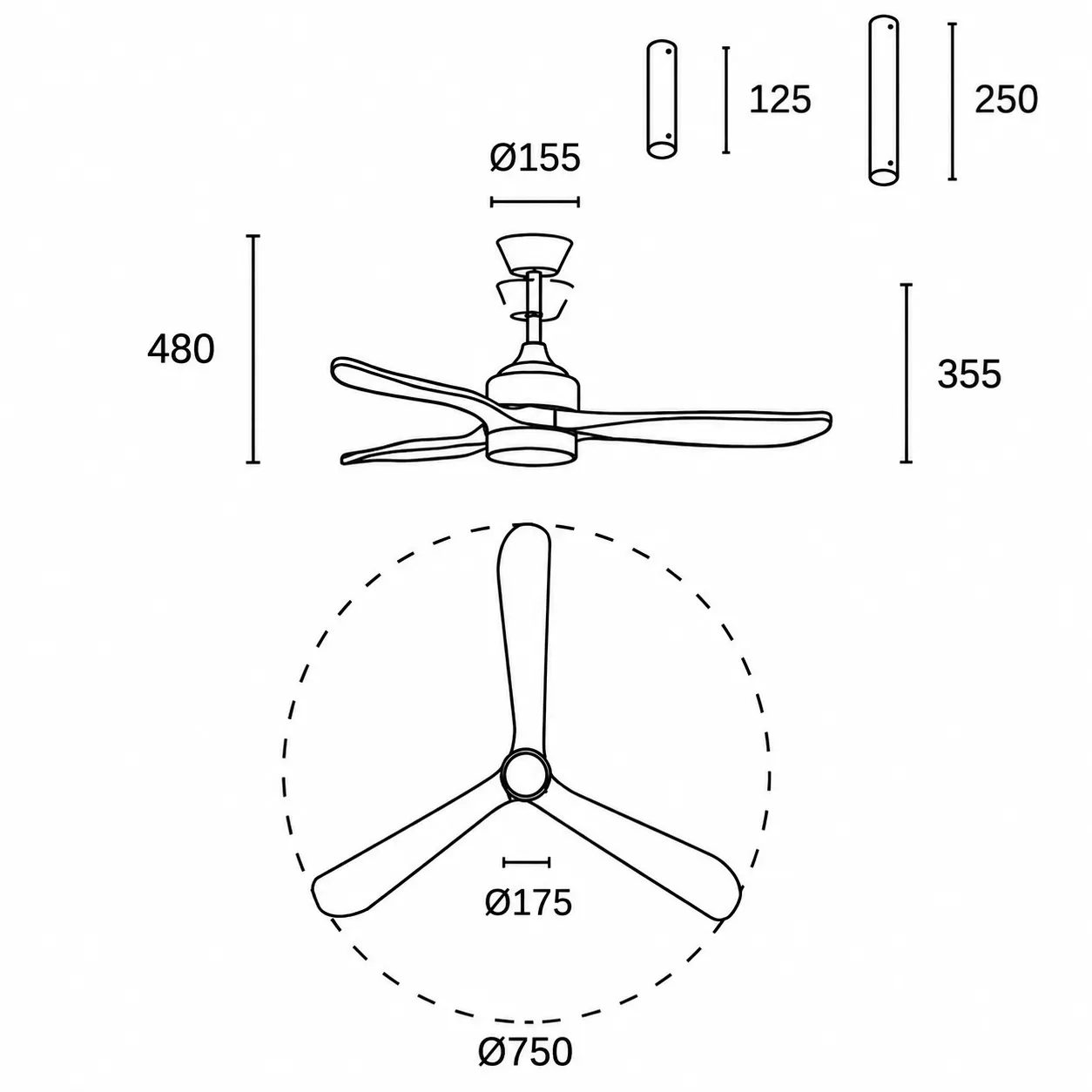 Medidas de Ventilador de techo CALAR S FORLIGHT con luz