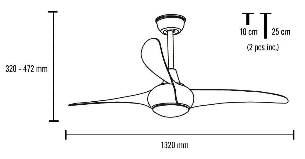 Medidas de Ventilador de techo Sirocco Mimax con luz