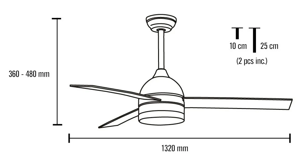 Medidas de Ventilador de techo Tramuntana Mimax con luz