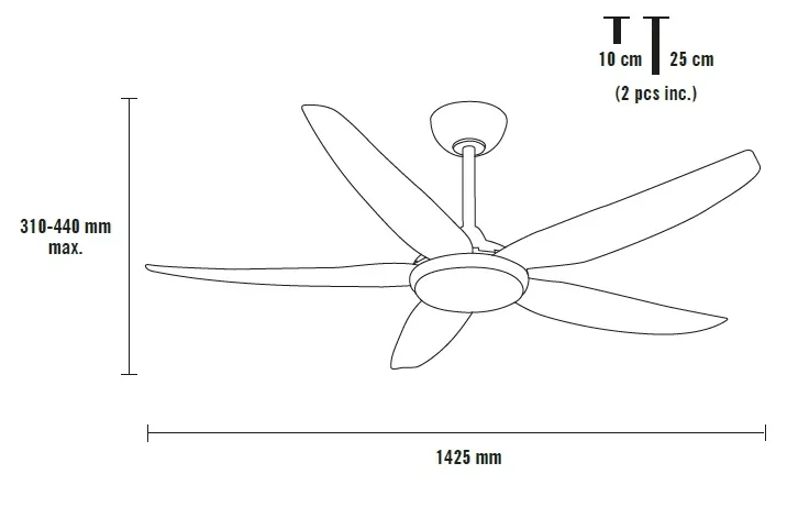 Medidas de Ventilador de techo Vendabal Mimax con luz