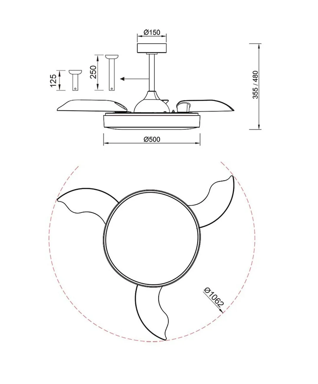 Medidas de Ventilador de techo Alaska MANTRA con luz