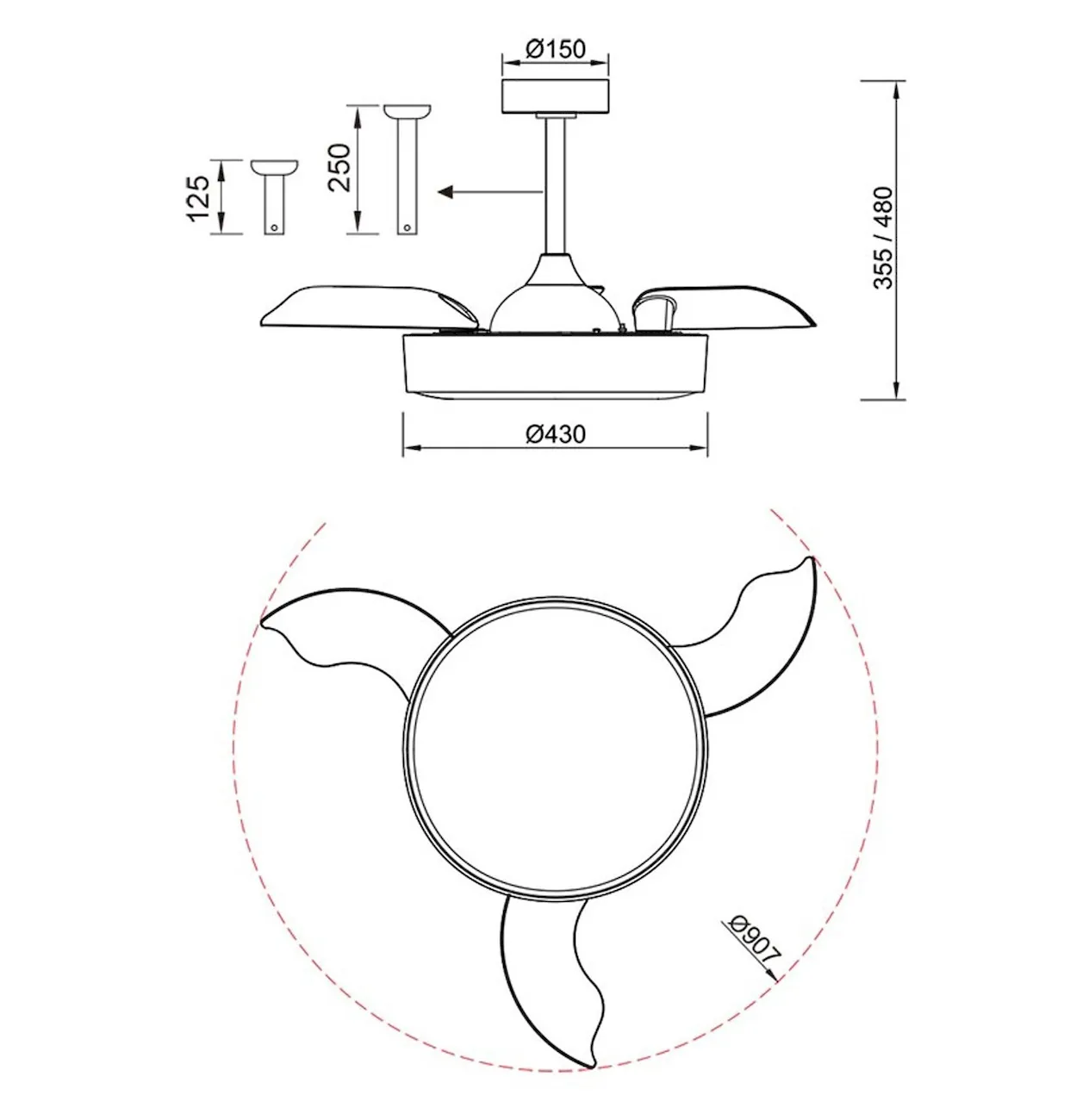 Medidas de Ventilador de techo Alaska MINI MANTRA con luz
