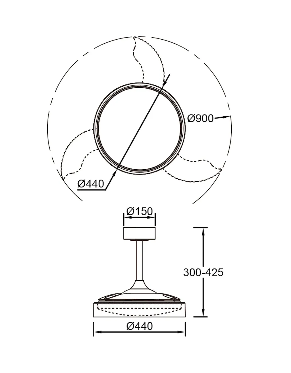 Medidas de Ventilador de techo Glass Fan S MANTRA con luz