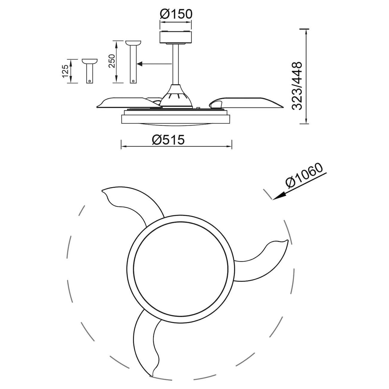 Medidas de Ventilador de techo Mistral MANTRA con luz