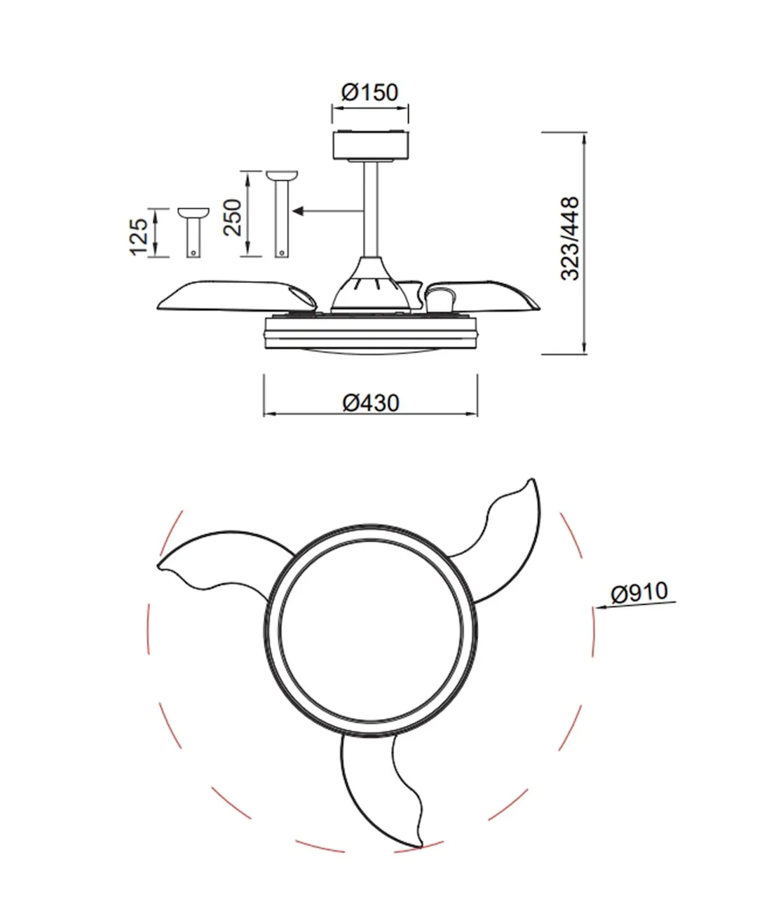 Medidas de Ventilador de techo North MANTRA con luz