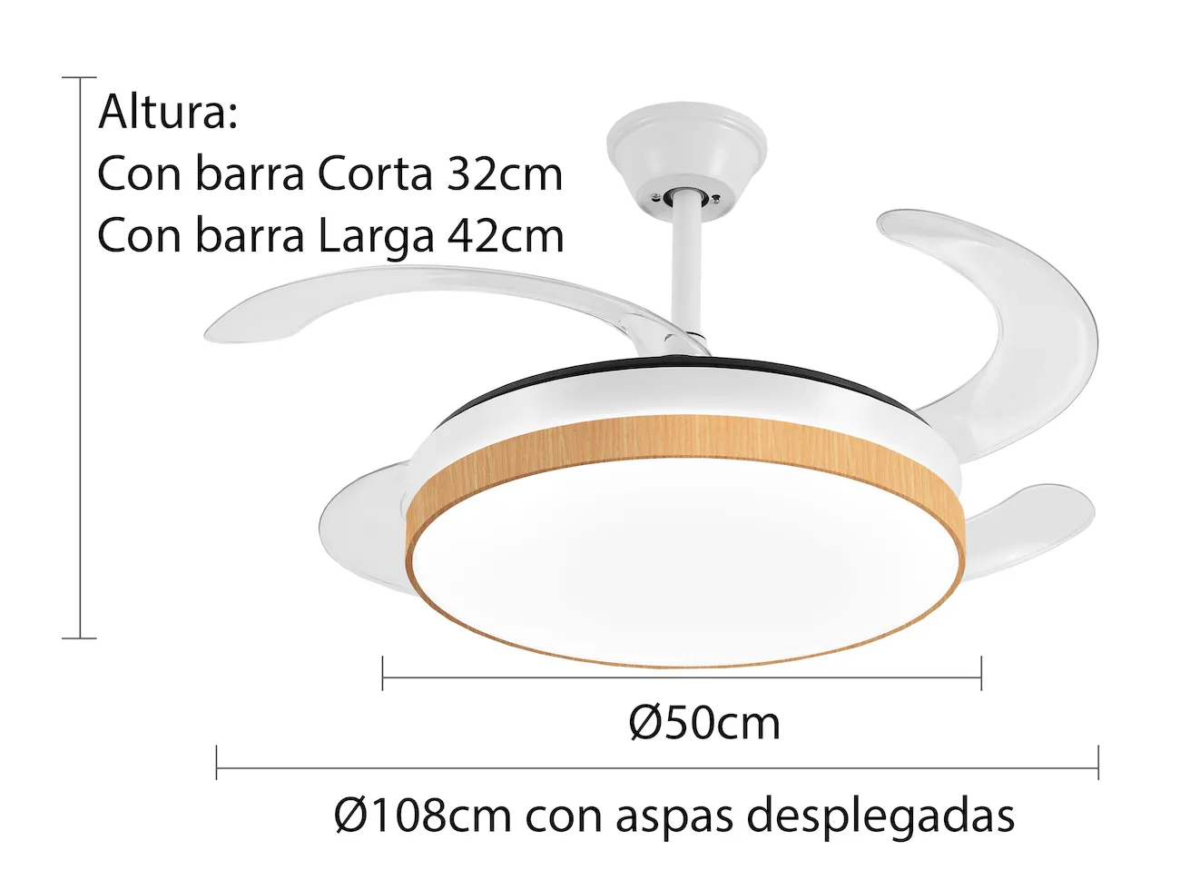 Medidas de Ventilador de techo Mina L P&B con luz
