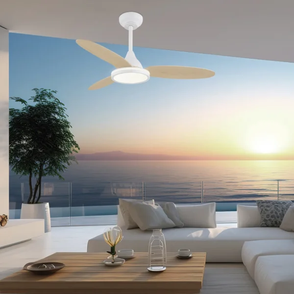 Ventilador de techo Alemar Mahon blanco madera clara luz LED 107 cm