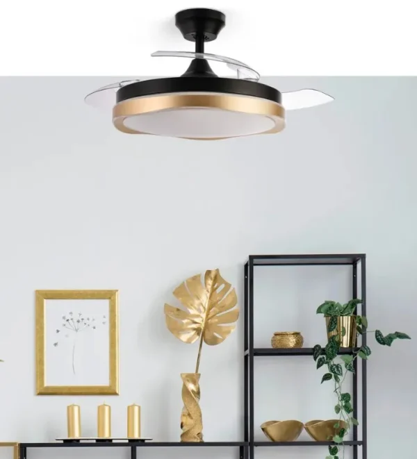Ventilador retráctil Abrila Blondi negro Oro luz LED 49-107 cm