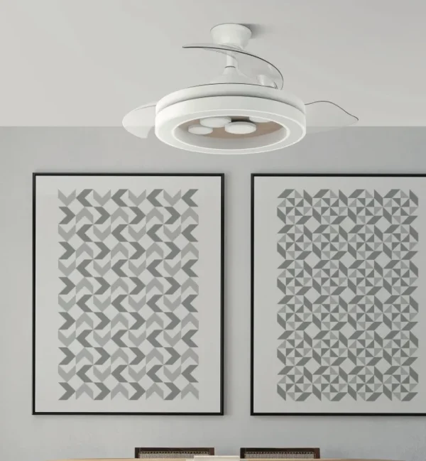 Ventilador retráctil Abrila Cupido blanco madera luz LED 50-107 cm
