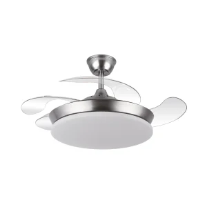 Ventilador retráctil Abrila Tridente Mini níquel luz LED 40-91 cm
