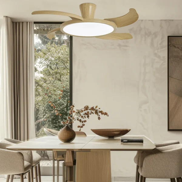 Ventilador retráctil Alemar Qatar madera clara luz LED 49-120 cm
