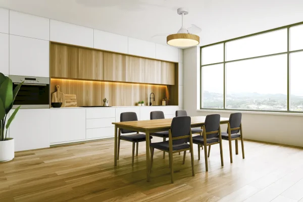 Ventilador retráctil Mantra Alaska Blanco y madera Luz LED 50-106 cm