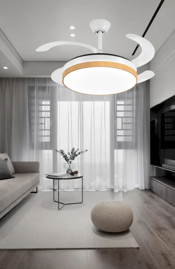 Ventilador retráctil P&B Mina L blanco madera LED 40-92 cm