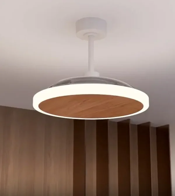 Ventilador retractil Zioneled Platón blanco madera luz LED 55-107 cm